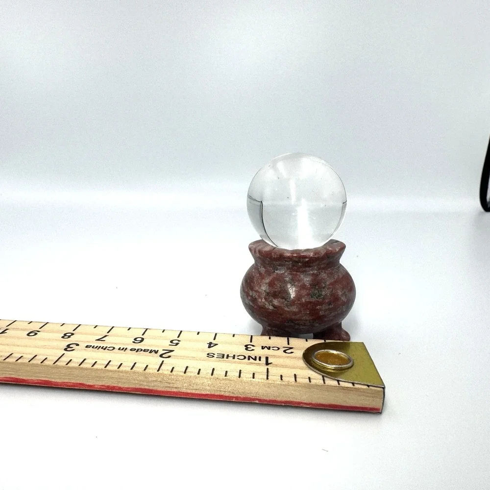Mini Clear Crystal Ball Sphere on Carved Red Stone Elephant Stand Figurine Decor